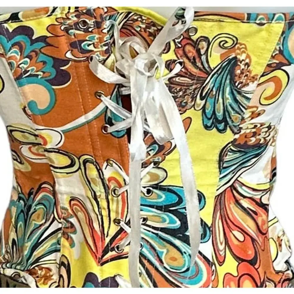 Western Paisley Lace Up Corset LARGE Boning Sweatheart Festival Cowgirl Coquette - Picture 7 of 7